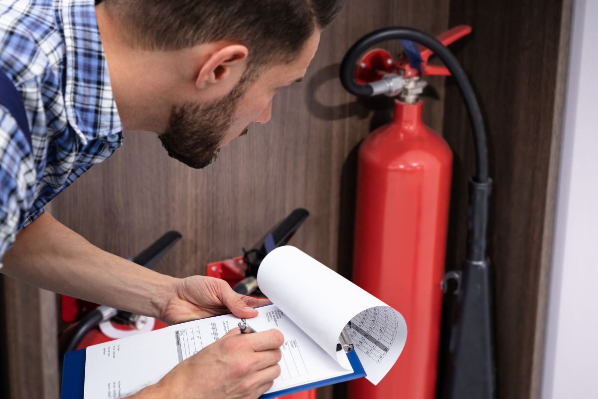 Inspector inspecting fire safety equipment and fire extinguisher with clipboard and paperwork