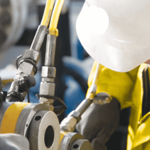 Man in a white hard hat working on mechanical joints